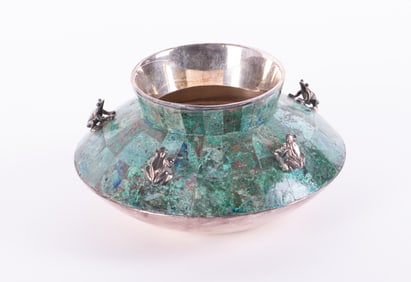 An Emilia Castillo Tree Frog and Malachite Plated Silver Vase