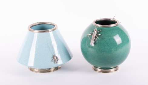 Two Ceramic and Metal Grasshopper Vases, Orno