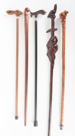 Collection Of Five Hand Carved Walking Sticks