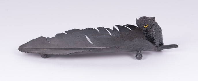 An Austrian Bronze Style Owl on Feather Inkwell