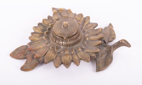 A Brass Sunflower and Bee Inkwell