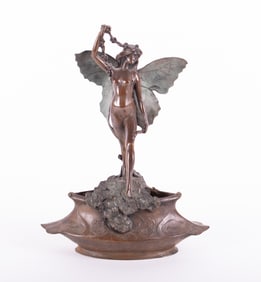 An Art Nouveau Figural Nude Bronze of a Winged Nymph, after Korschann
