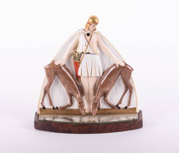 An Argilor Art Deco Perfume Lamp, Diana: An Argilor Art Deco Perfume Lamp, DianaFrance, circa 1925, an Argilor perfume table lamp depicting Diana, the huntress, with two fauns drinking from a mirrored pond. The wood base painted to simulate