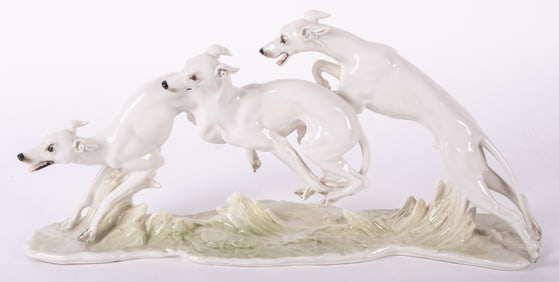 A Large Hutschenreuther Porcelain Figural Group of Greyhounds