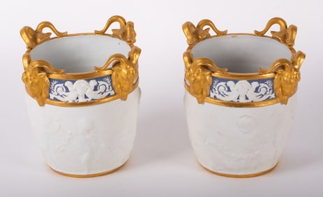 A Pair of Louis XVI Style Gilt Bisque Porcelain Cache Pots