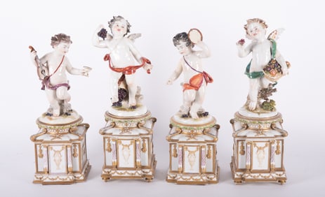 Four Large German Dresden Porcelain Cupids on Bolted Plinths