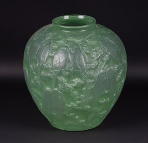 A Green Glass Perruches Vase, after Lalique