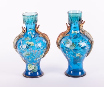A Pair of Moser Applied Alligator Enameled Vases