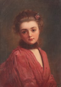 Gustave Jean Jacquet, French (1846-1909), Bust-Length Portrait of a Woman in a Red Cloak, oil on