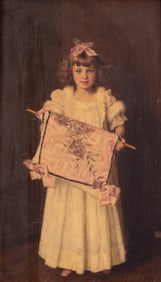 19th Century, Full-Length Portrait of a Young Girl Shown Standing, Holding a Tapestry, oil on canvas
