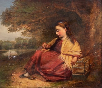 British School 19th Century, Portrait of a Young Girl Seated in a Landscape, with Birdcage, oil on