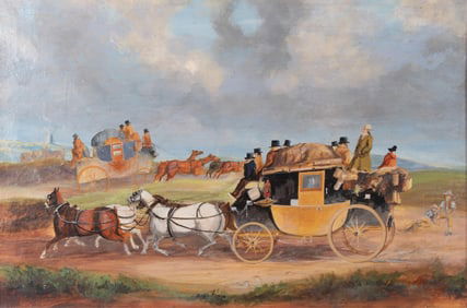 E. D., British Early 20th Century, Stagecoaches on a Rural Path, oil on canvas