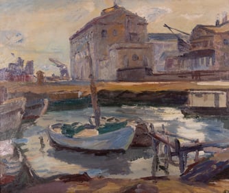 Unknown Artist, Continental School 20th Century, Impressionist Dock Scene, oil on canvas board