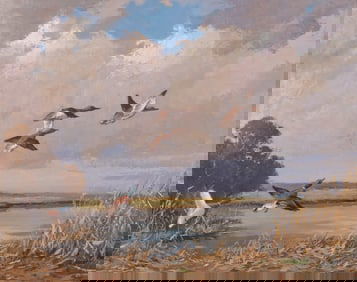 J Clement, Dutch 20th/ 21st C, Mallards Take Off, oil on canvas