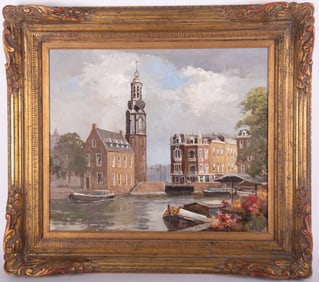 J Clement, Dutch , Munttoren Tower, oil on canvas