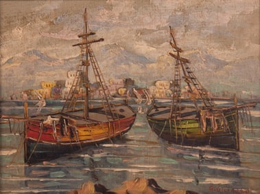 Gustave Giordano, Italy 20th Century, Fishing Vessels, oil on canvas