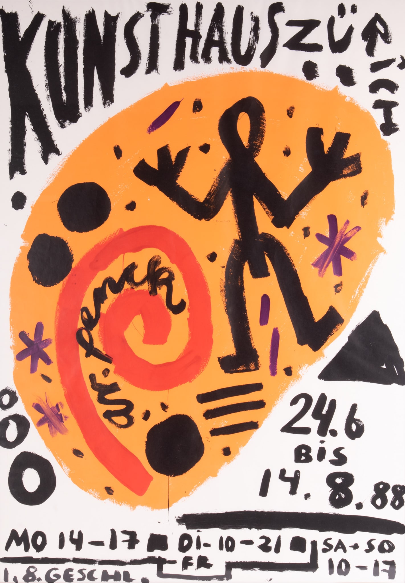 A. R Penck, 1939-2017, Kunsthaus Zurich, 1988, color lithographic poster: A. R Penck1939-2017Kunsthaus Zurich, 1988color lithographic posterframed55 1/2 x 35 inches (visible), 56 1/2 x 32 inches (framed)