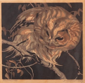Norbertine von Bresslern-Roth, Austrian (1891-1978), Waldkauz (Tawny Owl), 1922, color woodcut
