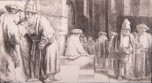 After Van Rijn Rembrandt, Dutch (1606-1669), Jews in Synagogue, engraving