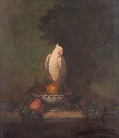 Ettore Caser, New York (1880-1944), Still Life with Parrot and Fruit, 1921, oil on board