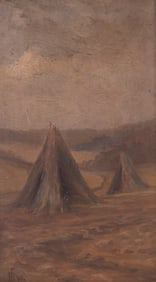 American Late 19th Century, Haystacks, 1898, oil on wood panel