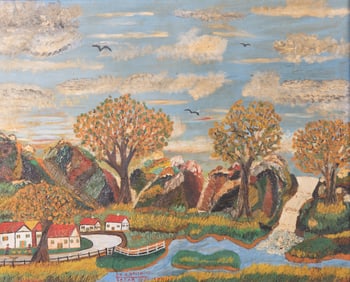 American School Early 20th Century, Folk Art Scene with Houses, Mountains and a Waterfall, oil on