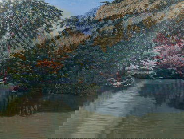Mary Frances Ballard, Kansas (1924-2016), Verdant Scene with Pond and Distant Bridge, oil on canvas