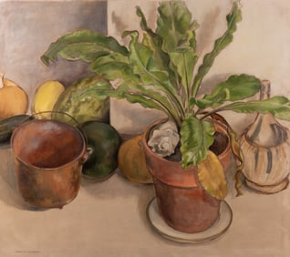 Annyce Alvarez, North Carolina (1931-2012), Still Life with Fruit and Potted Plant, oil on canvas