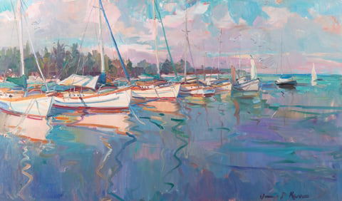 James P. Kerr, Florida, North Carolina (b. 1953), Sailboats in a Harbor, oil on canvas