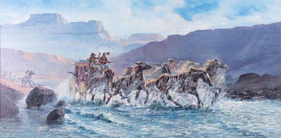 Harland Young, Arizona, California, Missouri (1924-2015), Attack on the River, oil on canvas