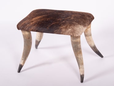 Horn Ottoman with Cowhide Upholstery