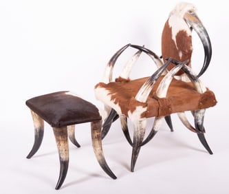 Vintage Horn Armchair and Ottoman with Cowhide Upholstery