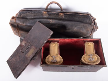 Mid 19th Century Royal Navy Epaulettes with Painted Tin Storage Box and an Embossed Leather Carrying