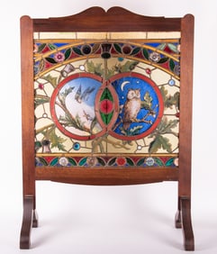 A Large Leaded, Jeweled and Stained Glass Fire Screen