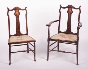 Art Nouveau Inlay Arm Chair And Side Chair