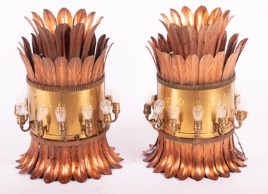 A Pair of Hollywood Regency Brass and Copper Light Fixtures with Two Matching Ceiling Mounts