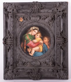 Italian Hand Painted Porcelain Plaque After Raphael's Madonna Della Seggiola