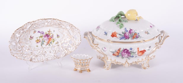 Two Pieces of German Porcelain along with a Japanese Footed Basket