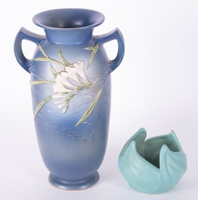Van Briggle Lotus Twist Vase along with a Roseville Freesia Vase No 128-15