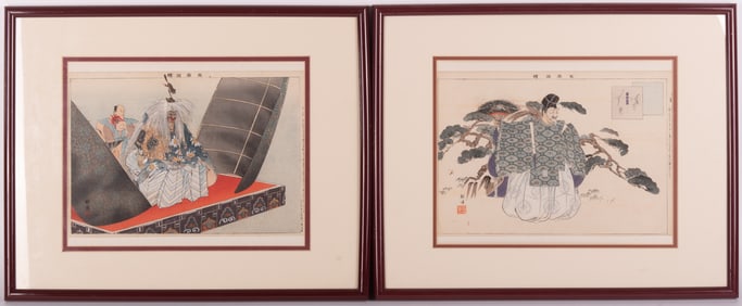 Tsukioka Kogyo, Japan (1869-1927), Two Scenes Depicting Noh Actors, woodcuts