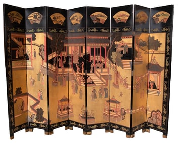 Asian Eight Panel Black Lacquer Room Screen