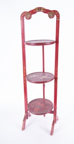 Three Tiered Red Enameled Chinese Muffin Stand (damaged)