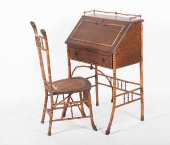 Antique Scorched Victorian Bamboo Slantfront Desk and Chair