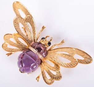 Phenomenal Large Bee Brooch with Carved Amethyst in 18K Yellow Gold