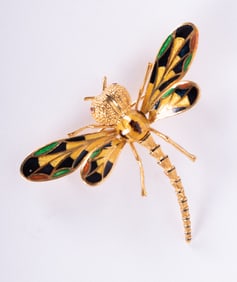 18K Yellow Gold Enameled Dragonfly Brooch