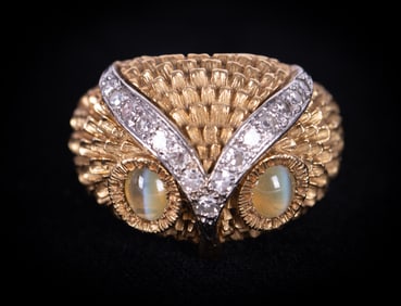 18K Yellow Gold Cats Eye Chrysoberyl and Diamond Owl Ring
