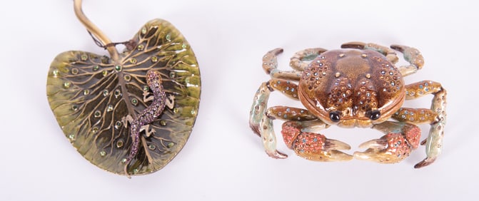 Jay Strongwater, Two Pieces: Salamander with Frog on a Leaf; together with Sheldon, Crab Box