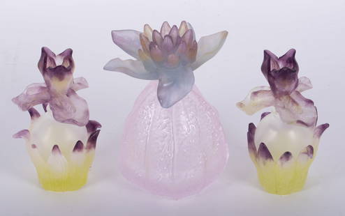 Three Daum Pate de Verre Scent Bottles: Three Daum Pate de Verre Scent BottlesFrance, a cactus form bottle with pate de verre stopper and pink base, paired with two