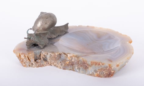 An Agate Tray with Copper Snail Sculpture
