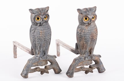 A Pair of American Cast Iron Perched Owl Andirons with Glass Eyes, Boston, Circa 1890